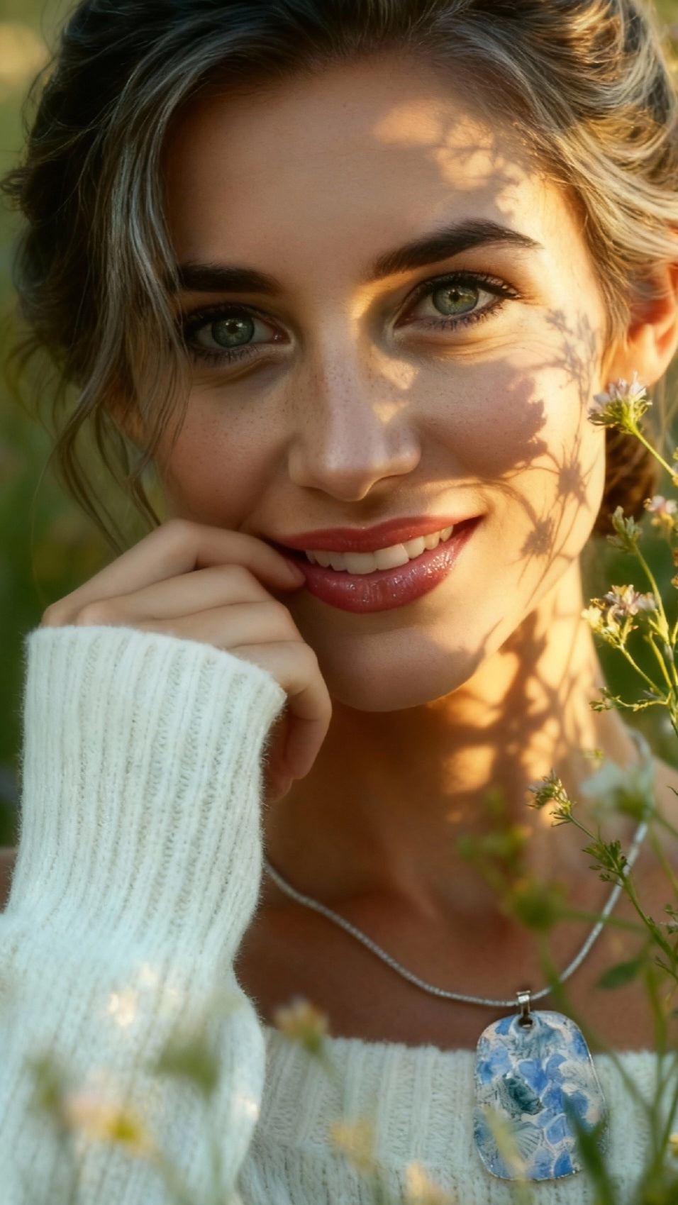 femme portant le collier de la ligne Liberty chez maison CALUB, pendentif en émail peint à la main monté sur un cordon noir, création artisanale originale