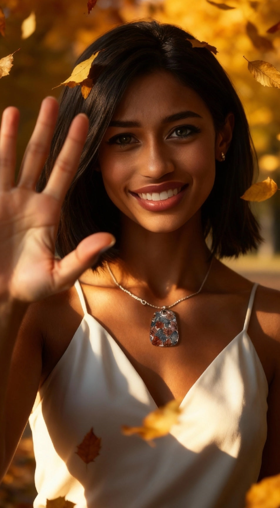 femme portant e pendentif de la ligne Liberty chez maison CALUB, forme trapèze, en émail peint à la main dans les tons rouges et verts, et monté sur un simple cordon