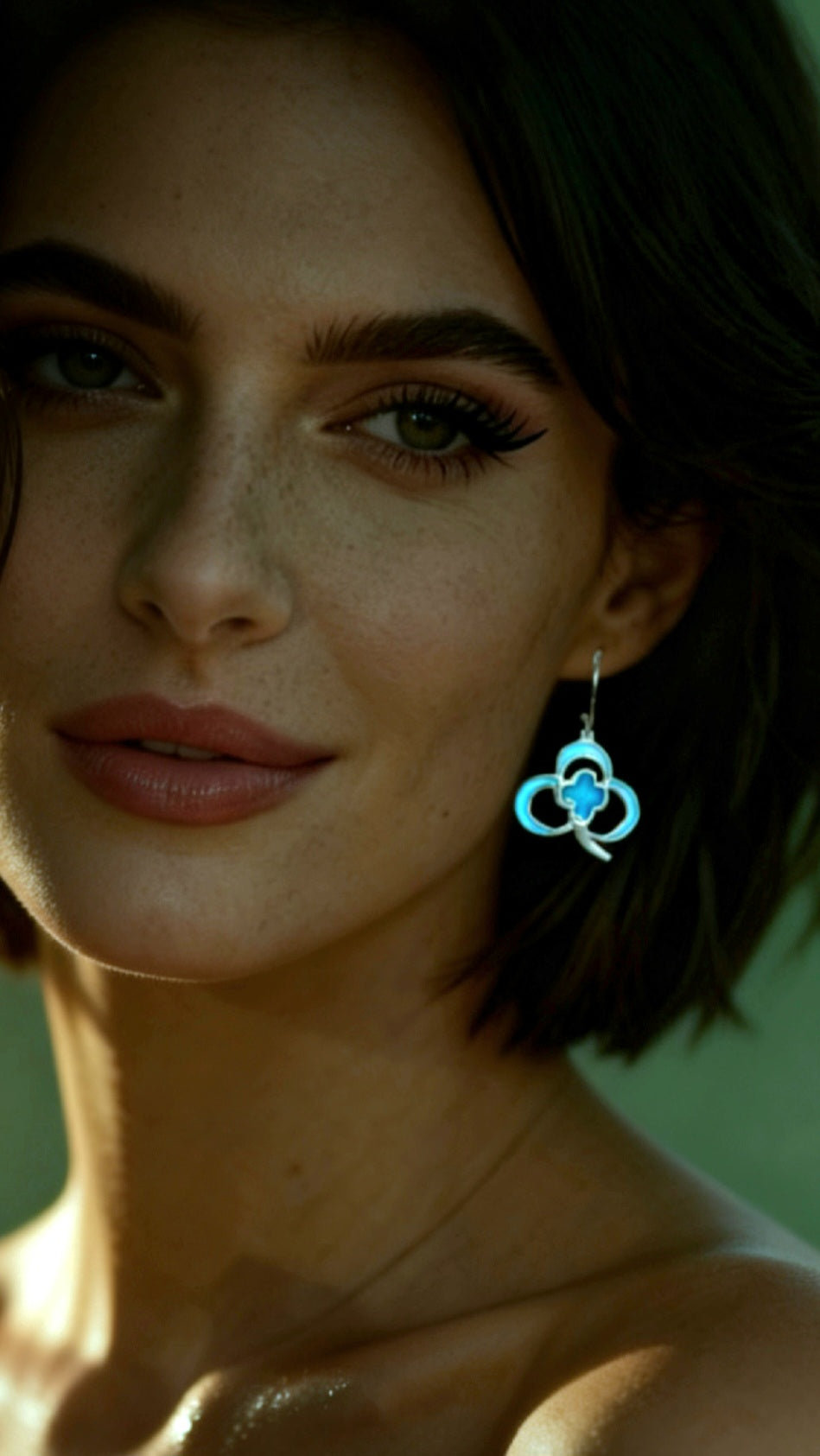 jeune femme portantun Bijou emaux grand feu trefle, creation artisanale francaise