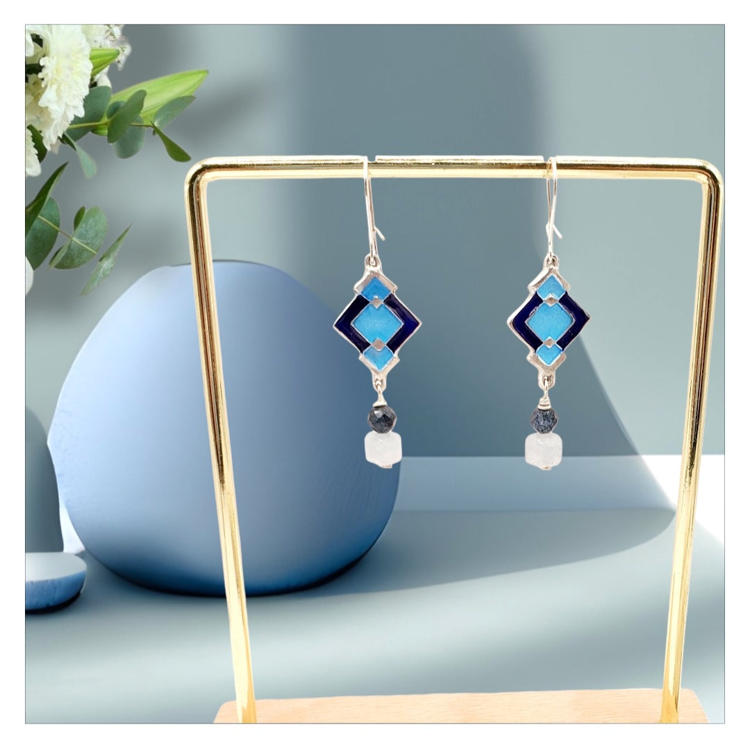 Bijou email artisanal sur argent, art deco pierres naturelles, fait main en France