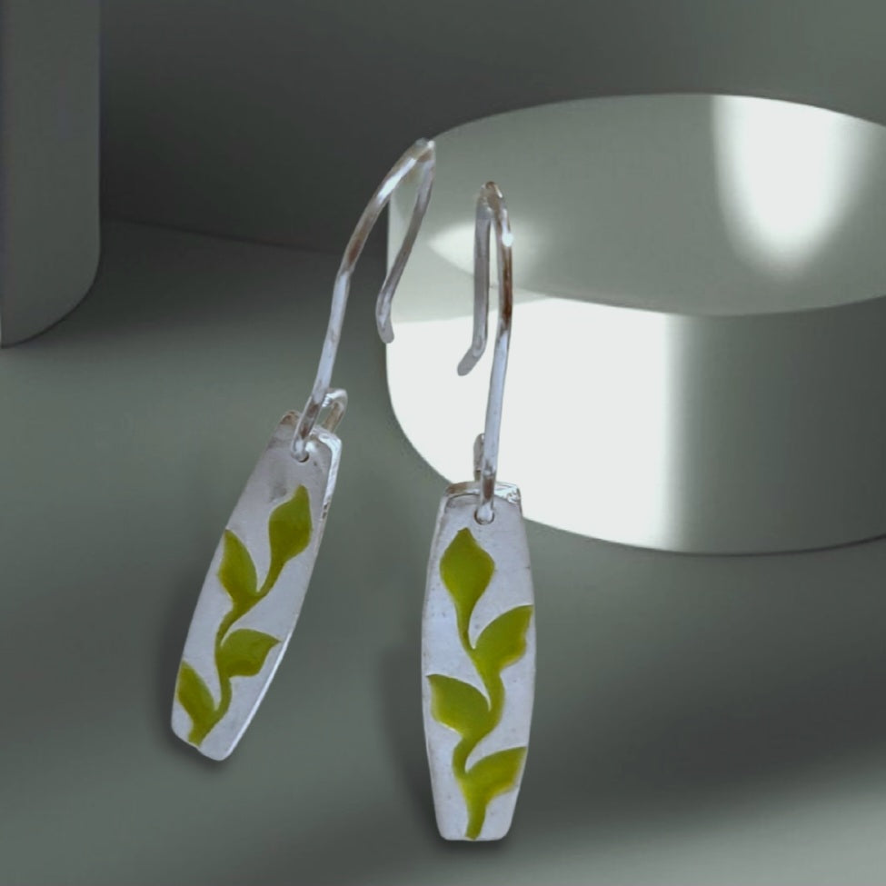 Boucles Oreilles Lianes Argent Fin Émail Champlevé Vert CALUB