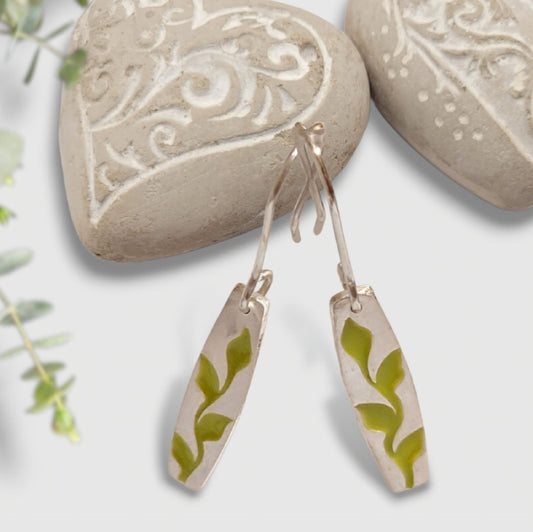 Boucles Oreilles Lianes Argent Fin Émail Champlevé Vert CALUB