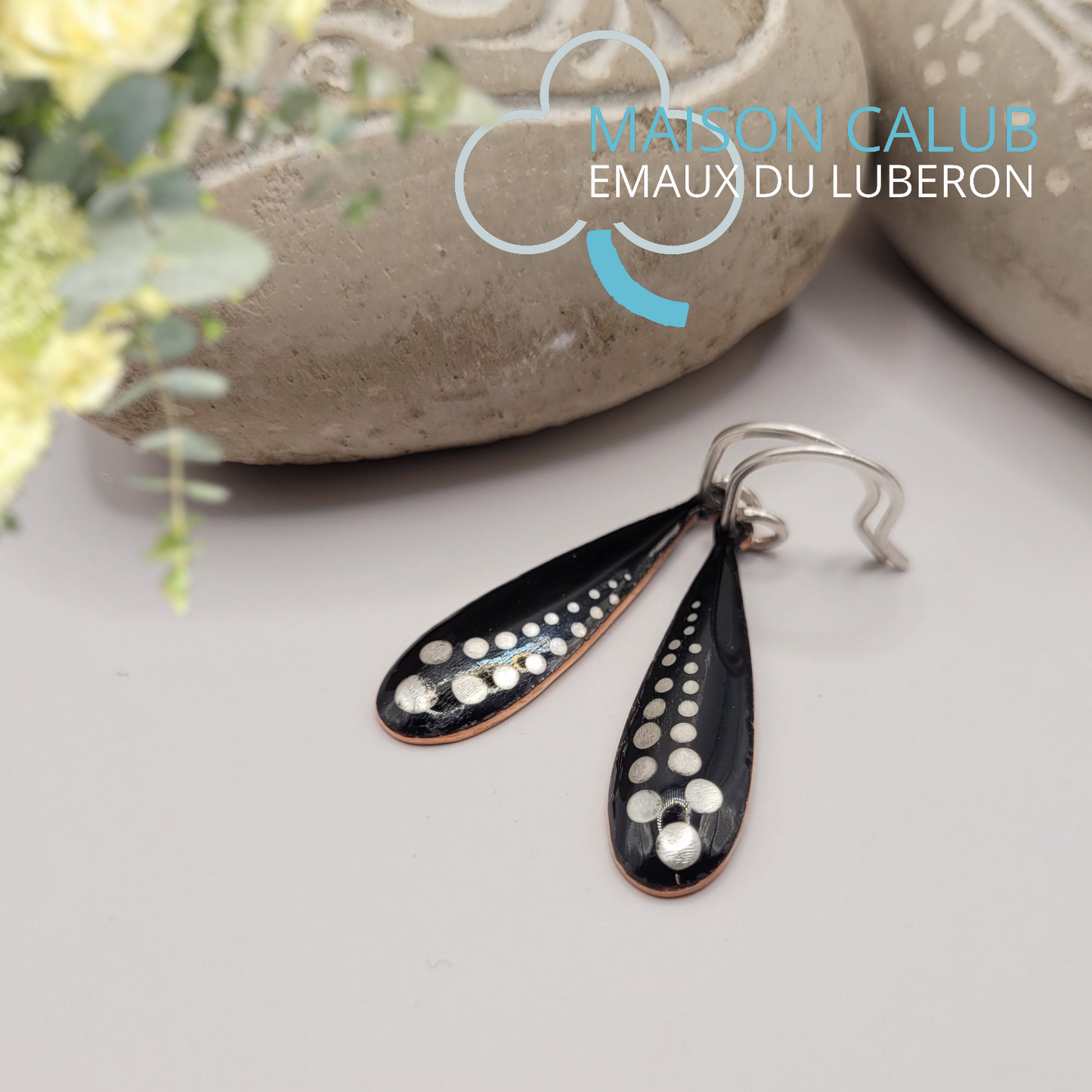 Boucles d'Oreilles Gouttes Émail Noir - Pois Lustre d'Argent - Argent 950 - Fait Main