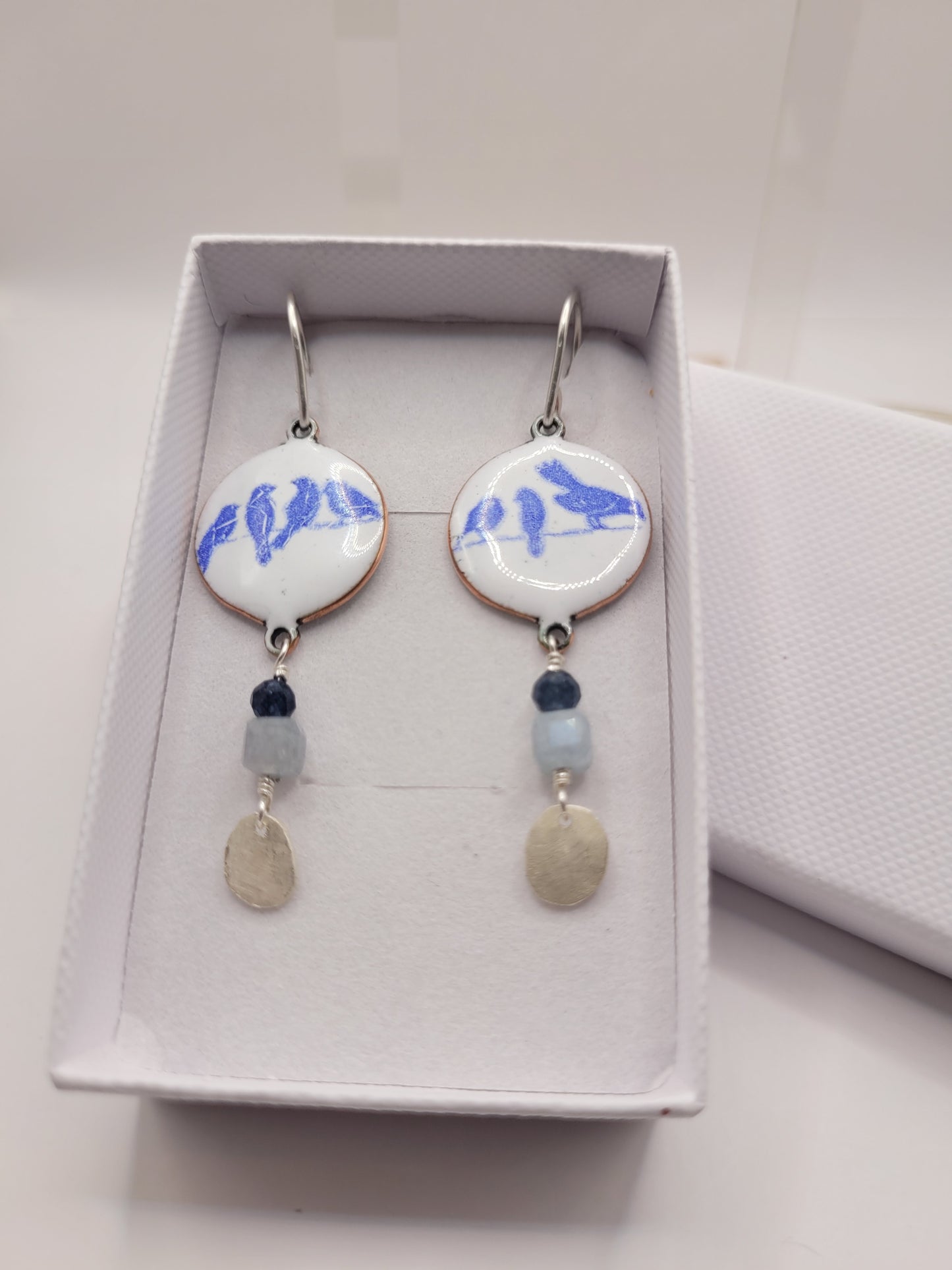 Boucles d'Oreilles Émail Grand Feu Oiseaux Bleu - Argent 950 et Pierres Naturelles - Fait Main