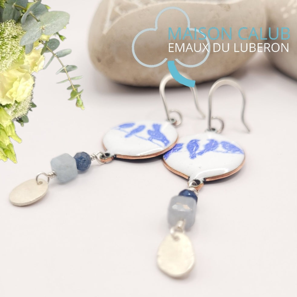 Boucles d'Oreilles Émail Grand Feu Oiseaux Bleu - Argent 950 et Pierres Naturelles - Fait Main