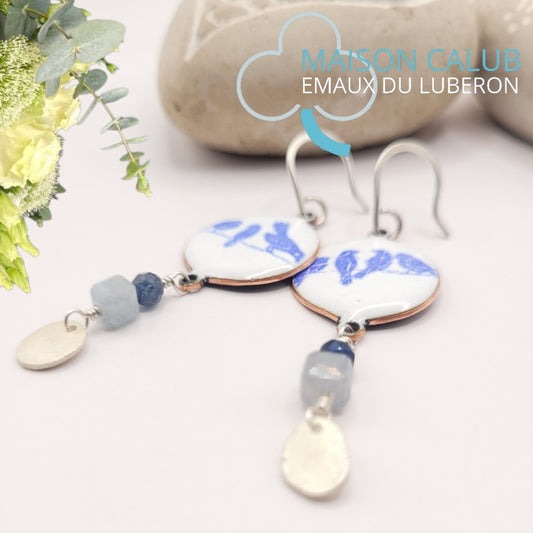 Boucles d'Oreilles Émail Grand Feu Oiseaux Bleu - Argent 950 et Pierres Naturelles - Fait Main