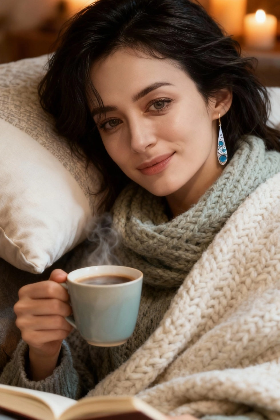 Boucles d'Oreilles Gouttes Émail Turquoise - Pointillisme Lustre d'Or - Laiton Doré - Fait Main