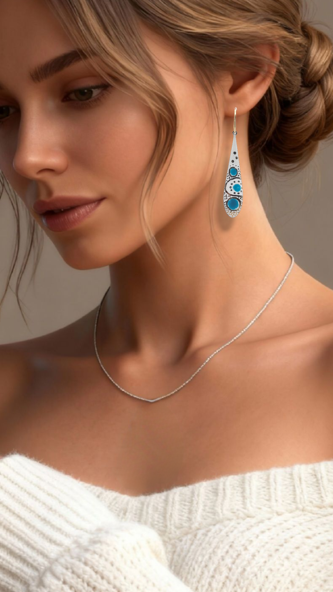 Boucles d'Oreilles Gouttes Émail Turquoise - Pointillisme Lustre d'Or - Laiton Doré - Fait Main