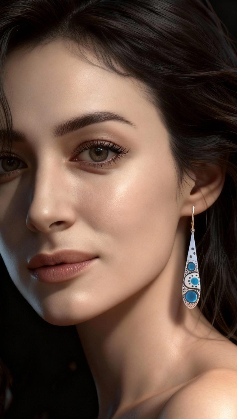 Boucles d'Oreilles Gouttes Émail Turquoise - Pointillisme Lustre d'Or - Laiton Doré - Fait Main