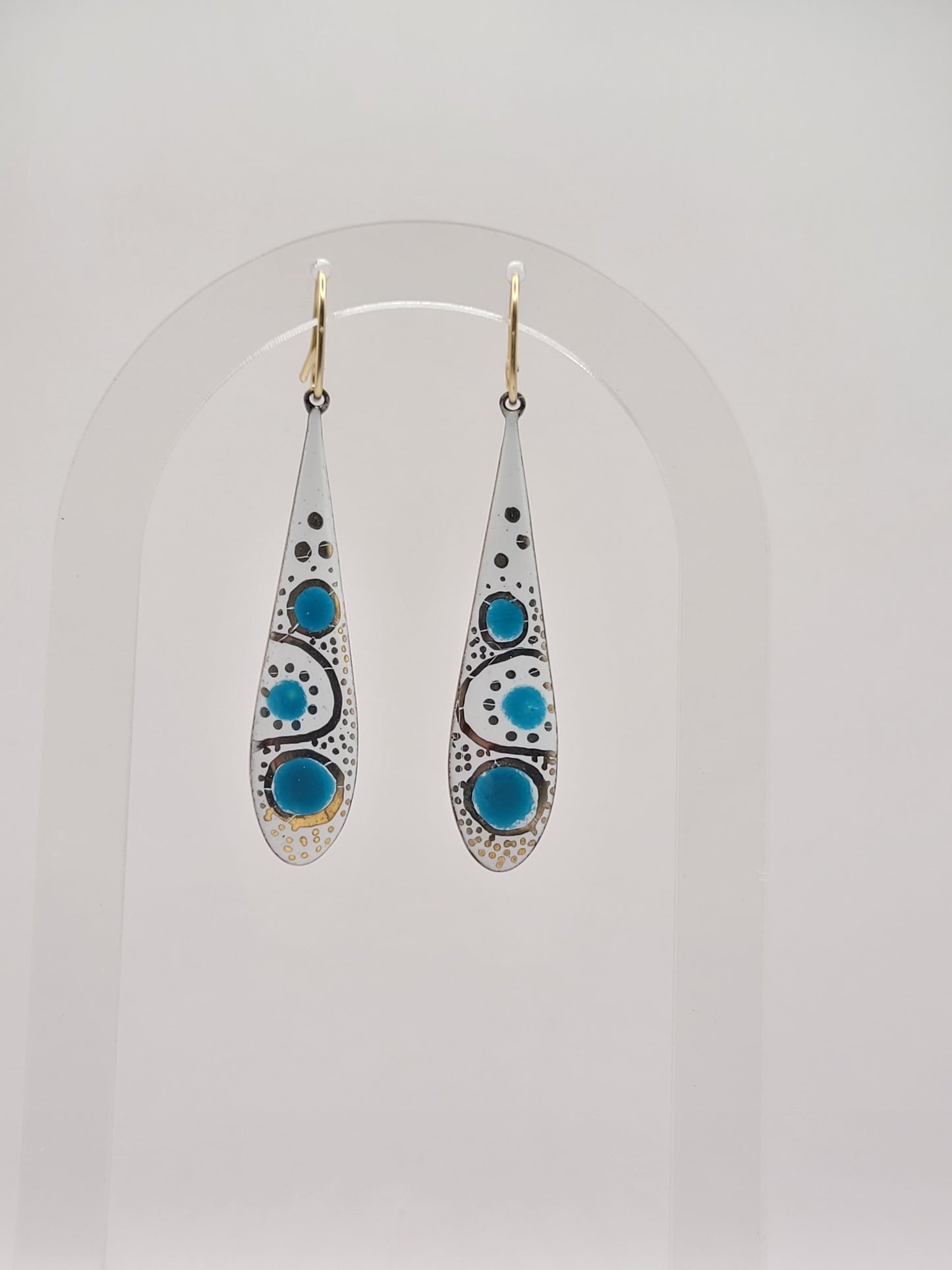 Boucles d'Oreilles Gouttes Émail Turquoise - Pointillisme Lustre d'Or - Laiton Doré - Fait Main