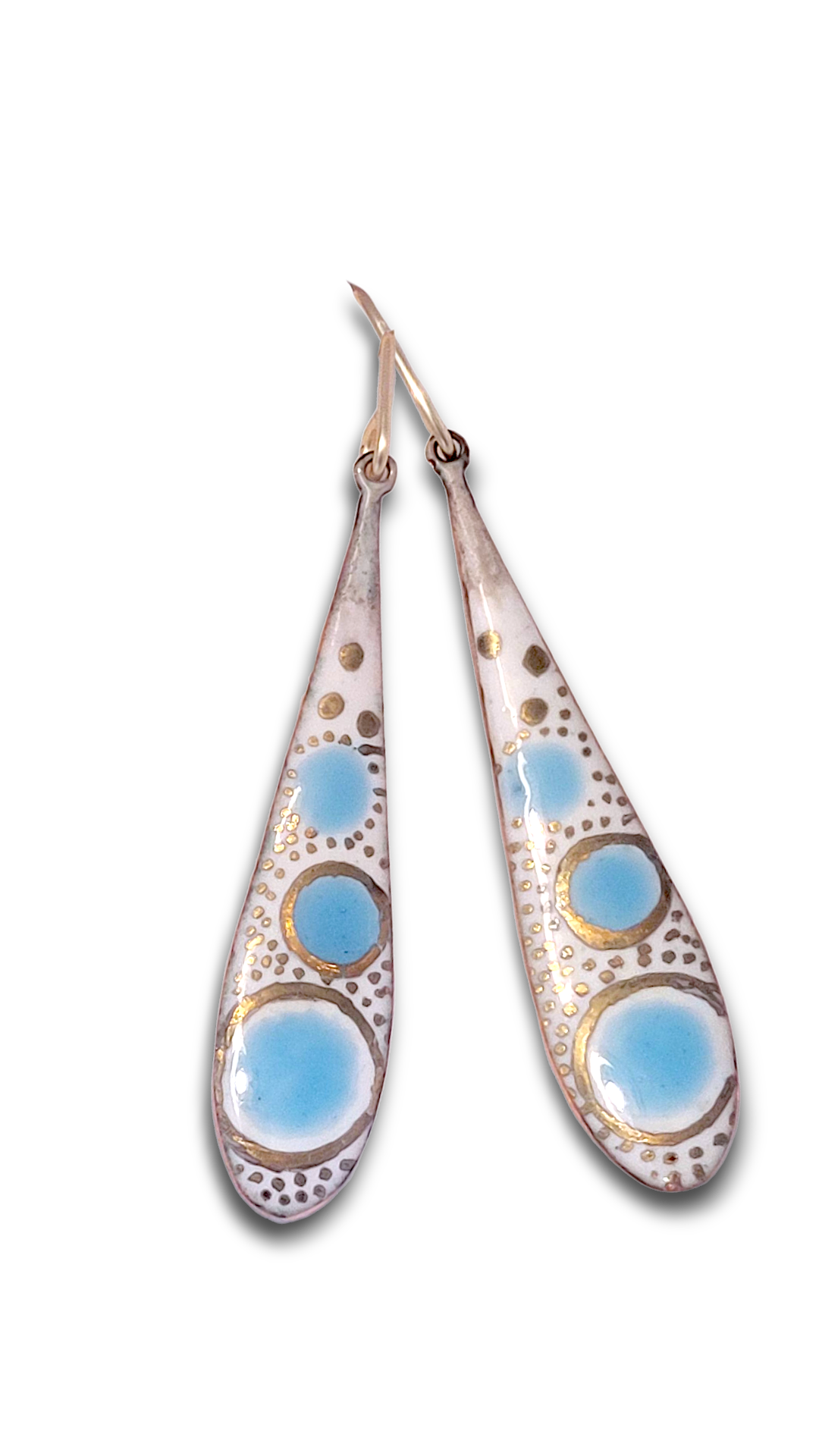 Boucles d'Oreilles Gouttes Émail Bleu Ciel - Pointillisme Lustre d'Or - Argent Fin - Fait Main