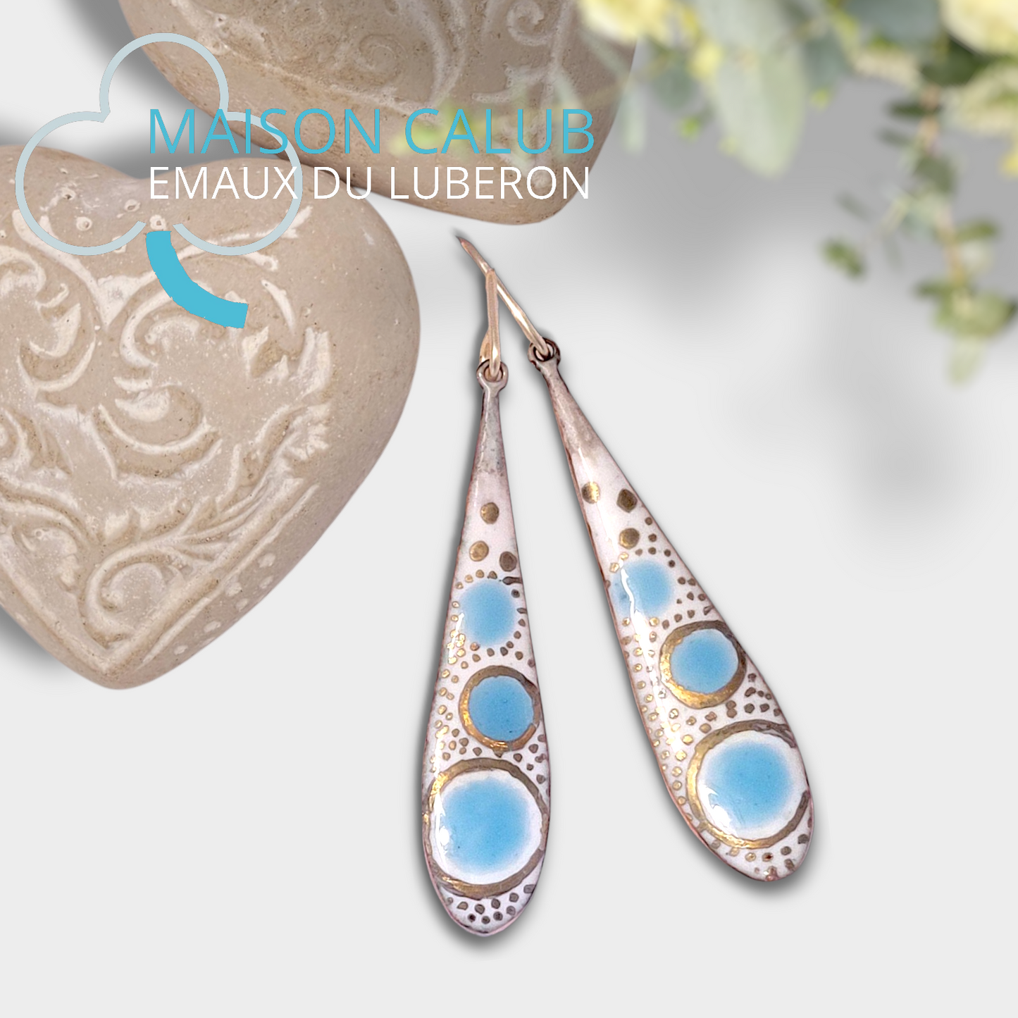 Boucles d'Oreilles Gouttes Émail Bleu Ciel - Pointillisme Lustre d'Or - Argent Fin - Fait Main