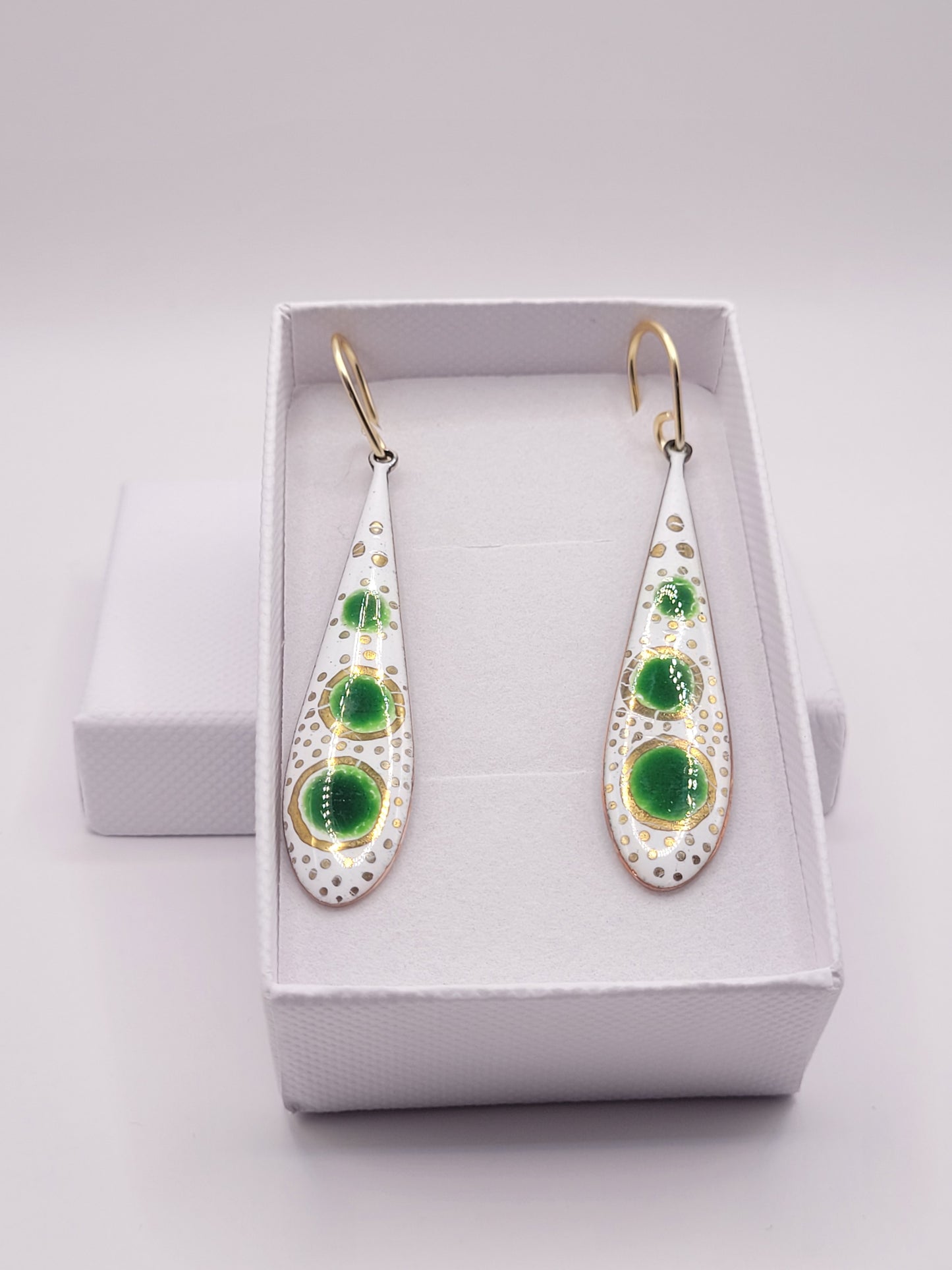 Boucles d'Oreilles Gouttes Émail Bleu Ciel - Pointillisme Lustre d'Or - Argent Fin - Fait Main