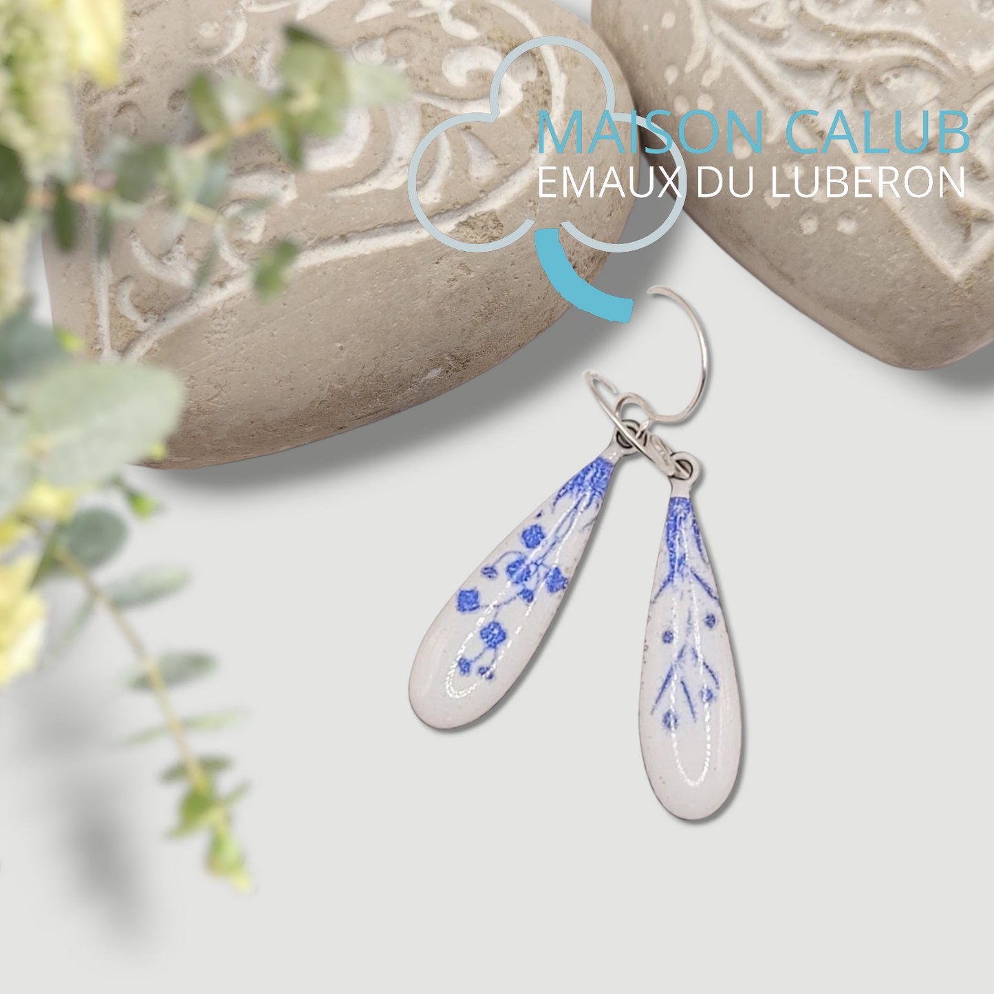 Boucles Oreilles Effet Porcelaine Bleue Émail Cuivre CALUB