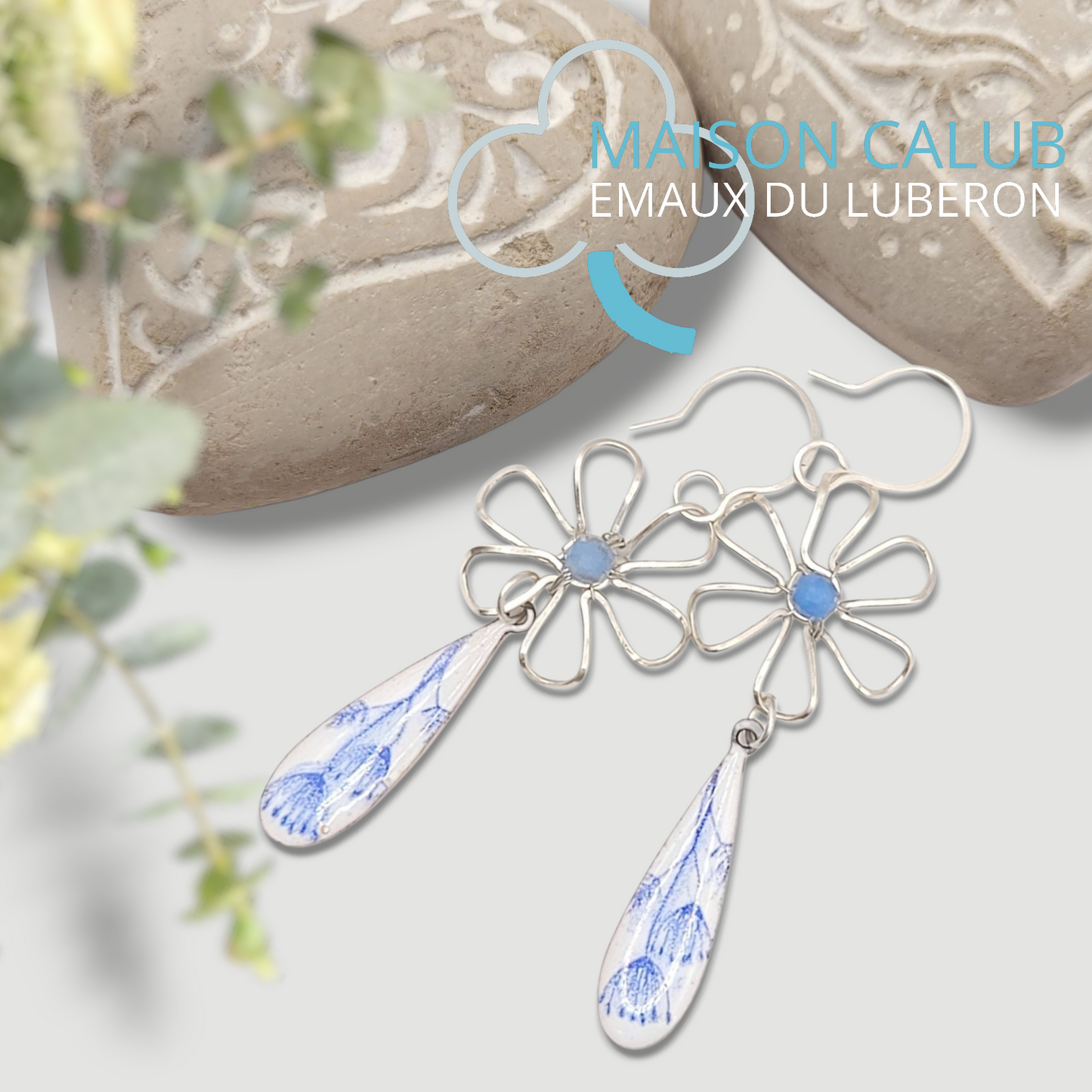 Boucles d'Oreilles Effet Porcelaine Bleue – Argent & Émail- Maison CALUB