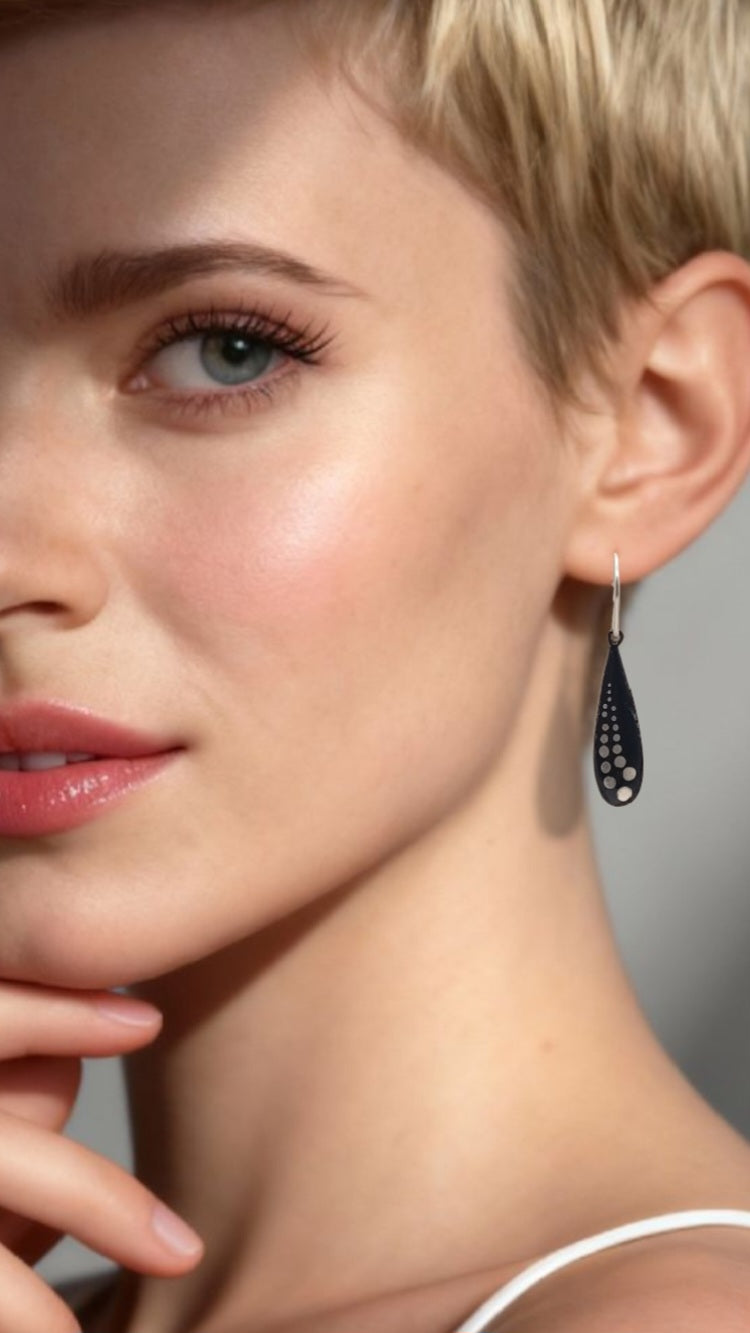 Boucles d'Oreilles Gouttes Émail Noir - Pois Lustre d'Argent - Argent 950 - Fait Main