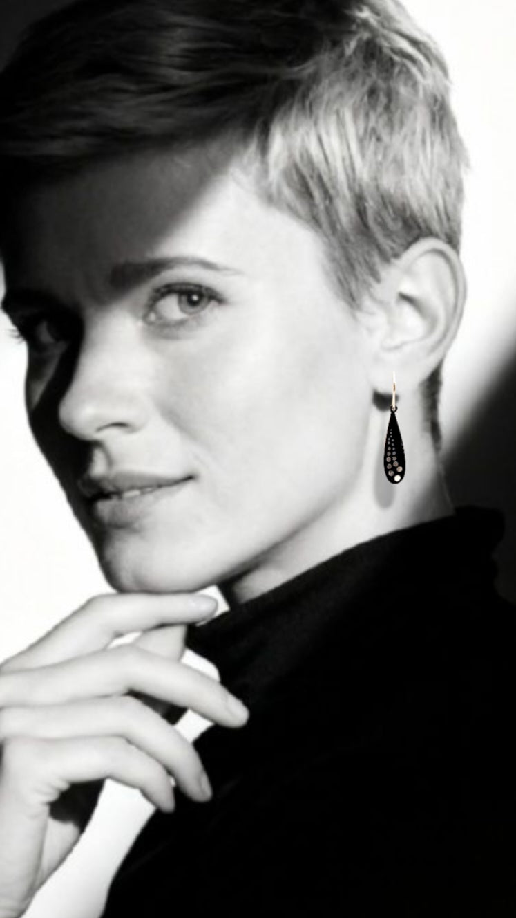 Boucles d'Oreilles Gouttes Émail Noir - Pois Lustre d'Argent - Argent 950 - Fait Main