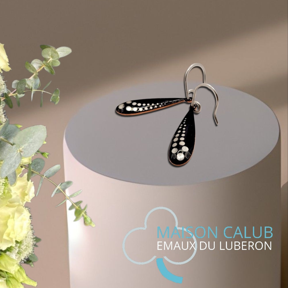 Boucles d'Oreilles Gouttes Émail Noir - Pois Lustre d'Argent - Argent 950 - Fait Main