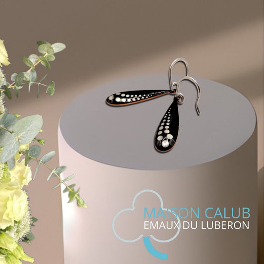 Boucles d'Oreilles Gouttes Émail Noir - Pois Lustre d'Argent - Argent 950 - Fait Main