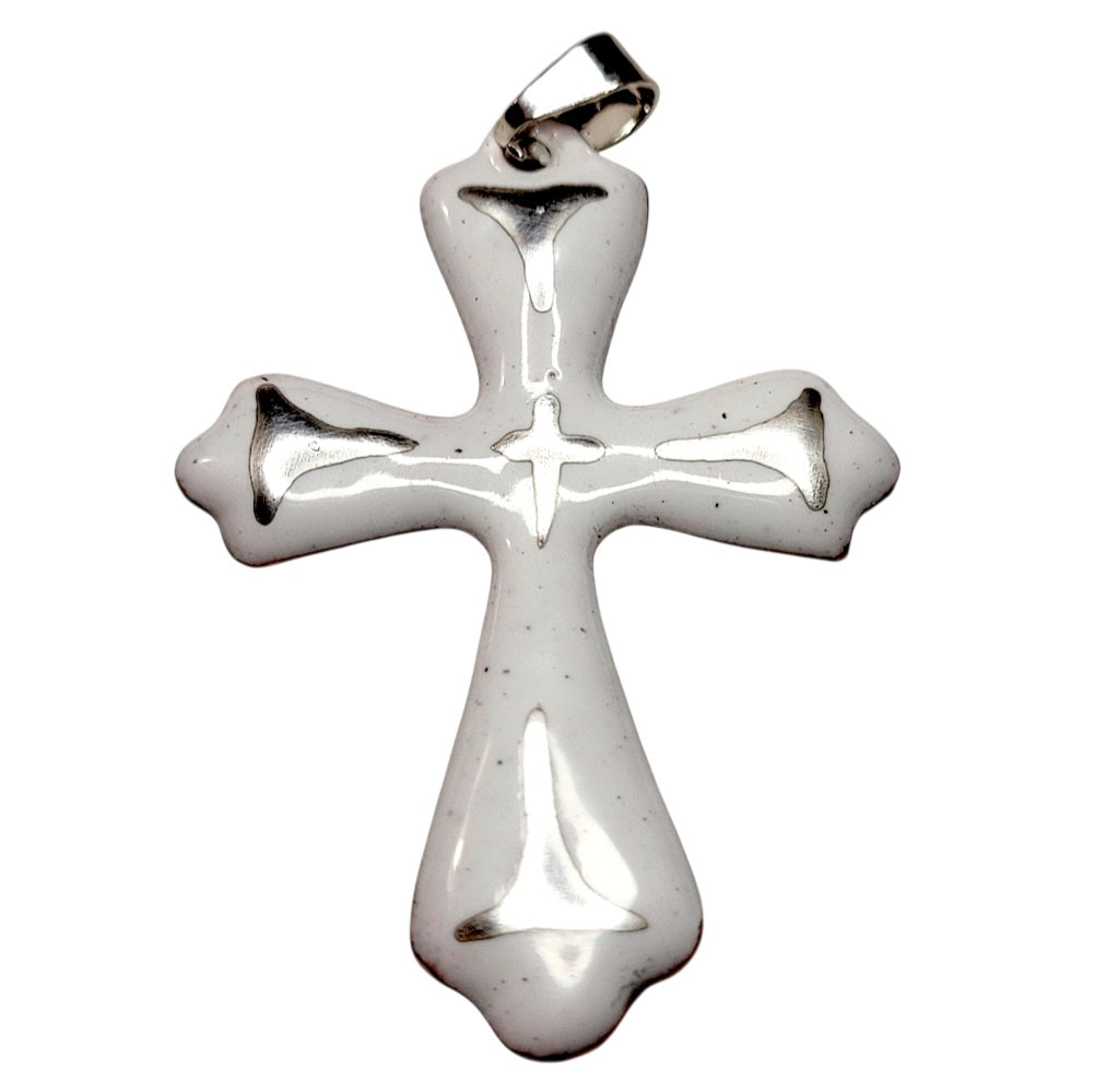 Pendentif Croix Émail Grand Feu Blanc et argent - Lustre Argent - Fait Main
