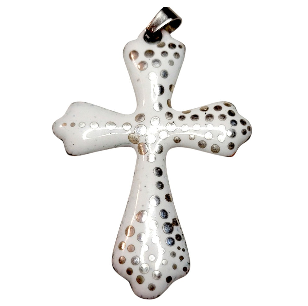 Pendentif Croix Émail Grand Feu Blanc et argent - Lustre Argent - Fait Main