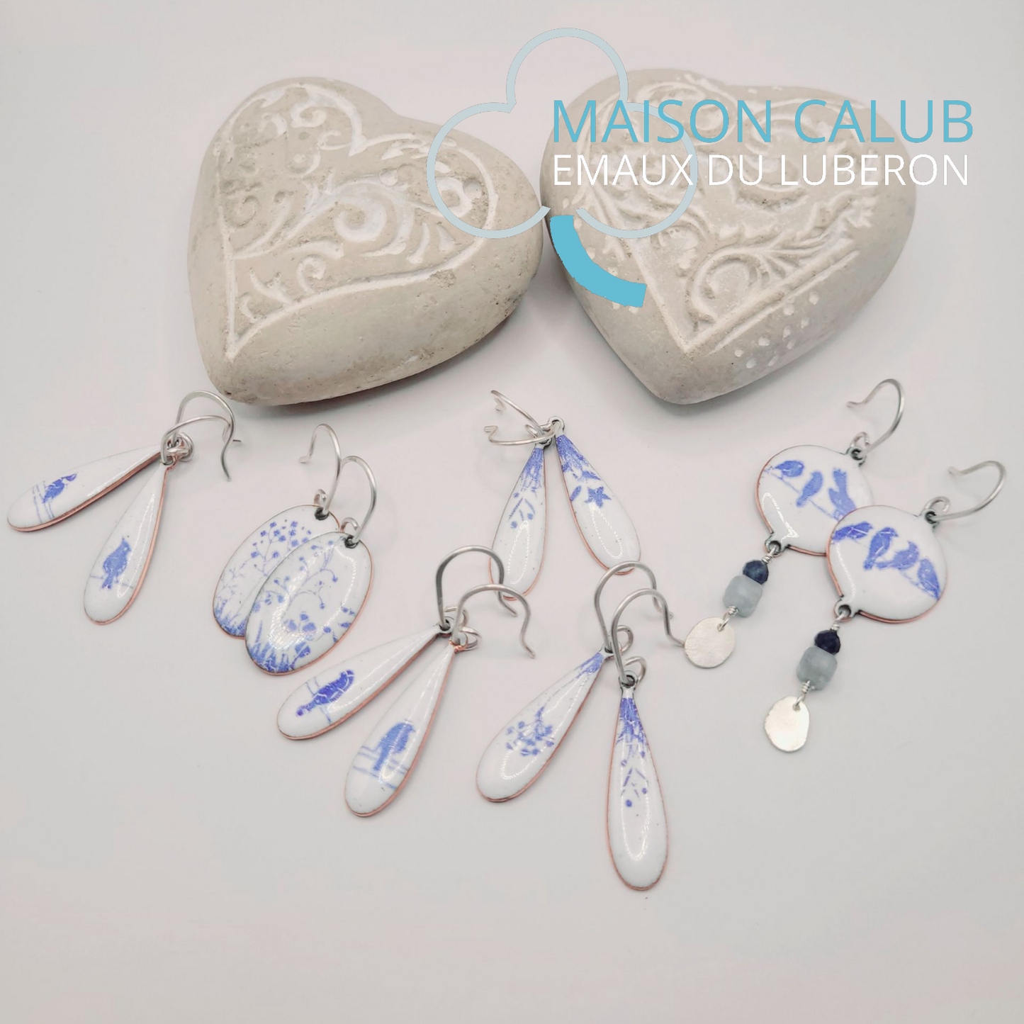 Boucles d'Oreilles Effet Porcelaine Bleue – Argent & Émail- Maison CALUB
