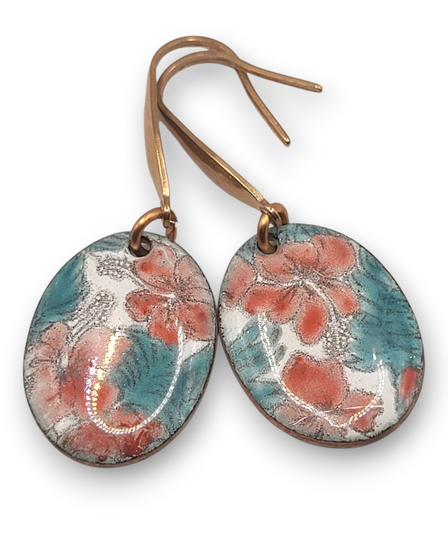 boucles d'oreilles d'inspiration tissus LIBERTY en email sur cuivre fait main, émaux traditionnels maison calub