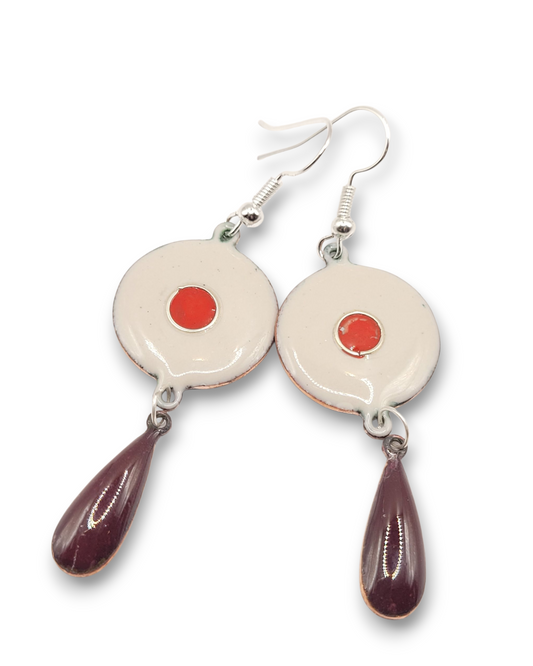 boucles d'oreilles double rouge vif et rouge profond en email sur cuivre chez maison Calub