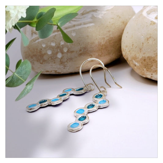 Boucles d'oreilles en email grand feu sur argent, motif bulles bleu turquoise
