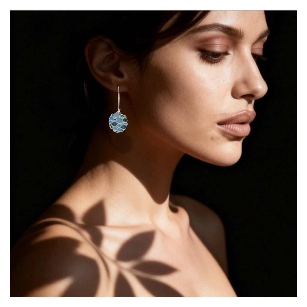 Boucles d'oreilles en email grand feu sur argent, motif bulles bleu turquoise et vert
