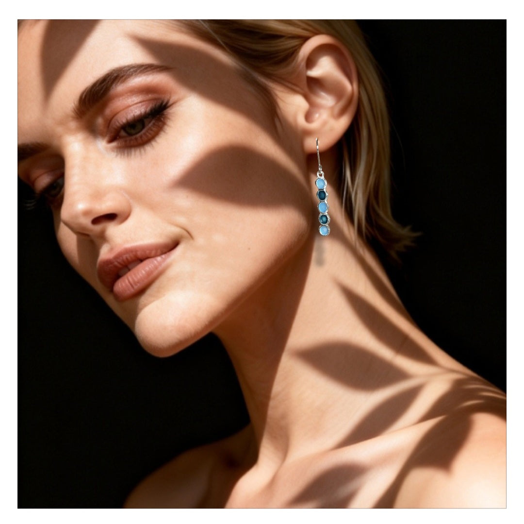Boucles d'oreilles en email grand feu sur argent, motif cercles bleu turquoise