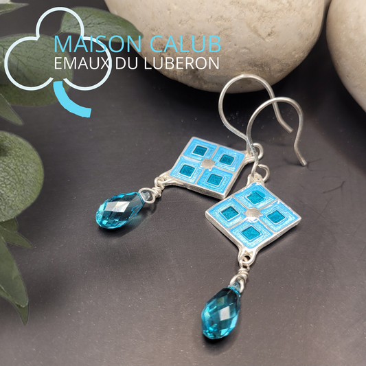 Boucles d'oreilles en email grand feu sur argent, losange champlevé cristal bleu turquoise