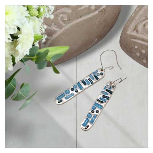  Boucles d'oreilles en email grand feu sur argent, format oblongue bleu turquoise