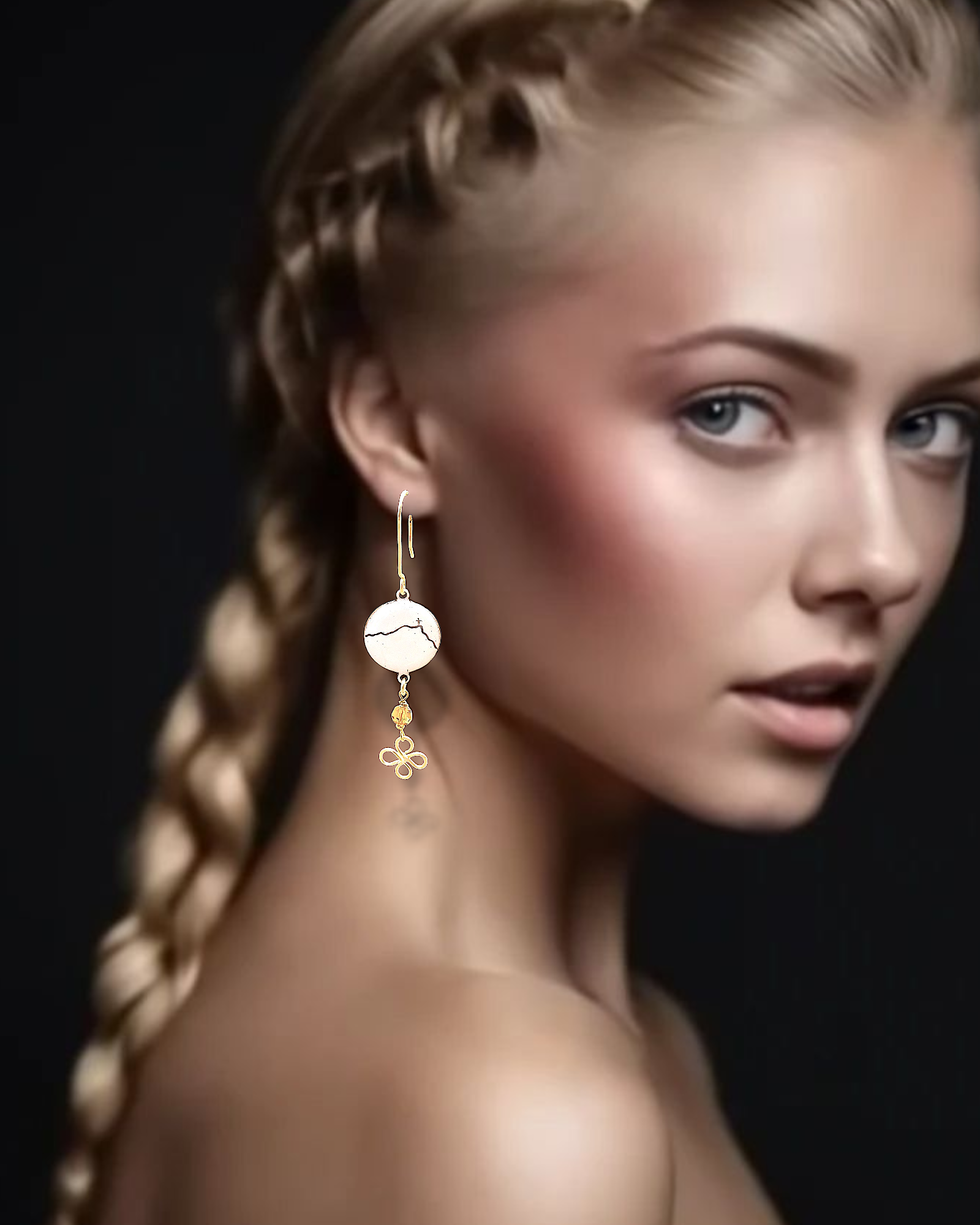 jeune femme portant boucles d'oreilles en émail sur cuivre - bijou artisanal français évoquant la silhouette de la montagne sainte victoire à Aix-en-Provence, d'une simple ligne noire sur fond blanc.