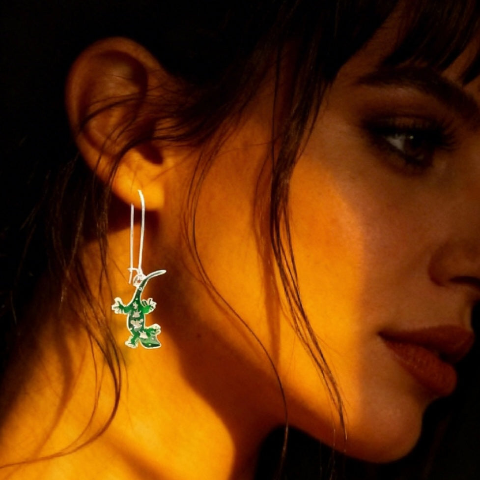 Boucles d'oreilles artisanales emaux argent, motif gecko vert Provence