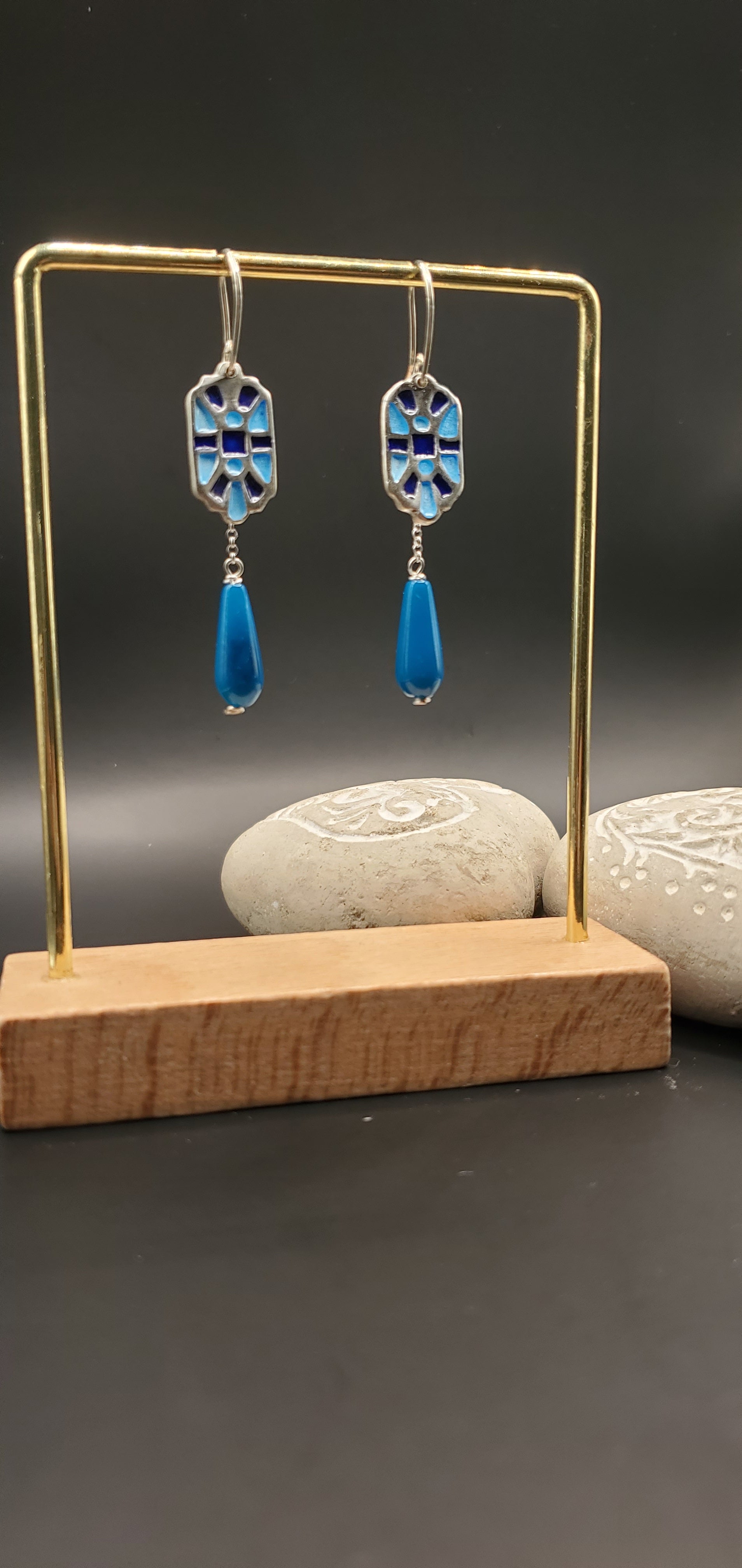  Boucles d'oreilles artisanales emaux argent, motif géométrique mosaïque pierres