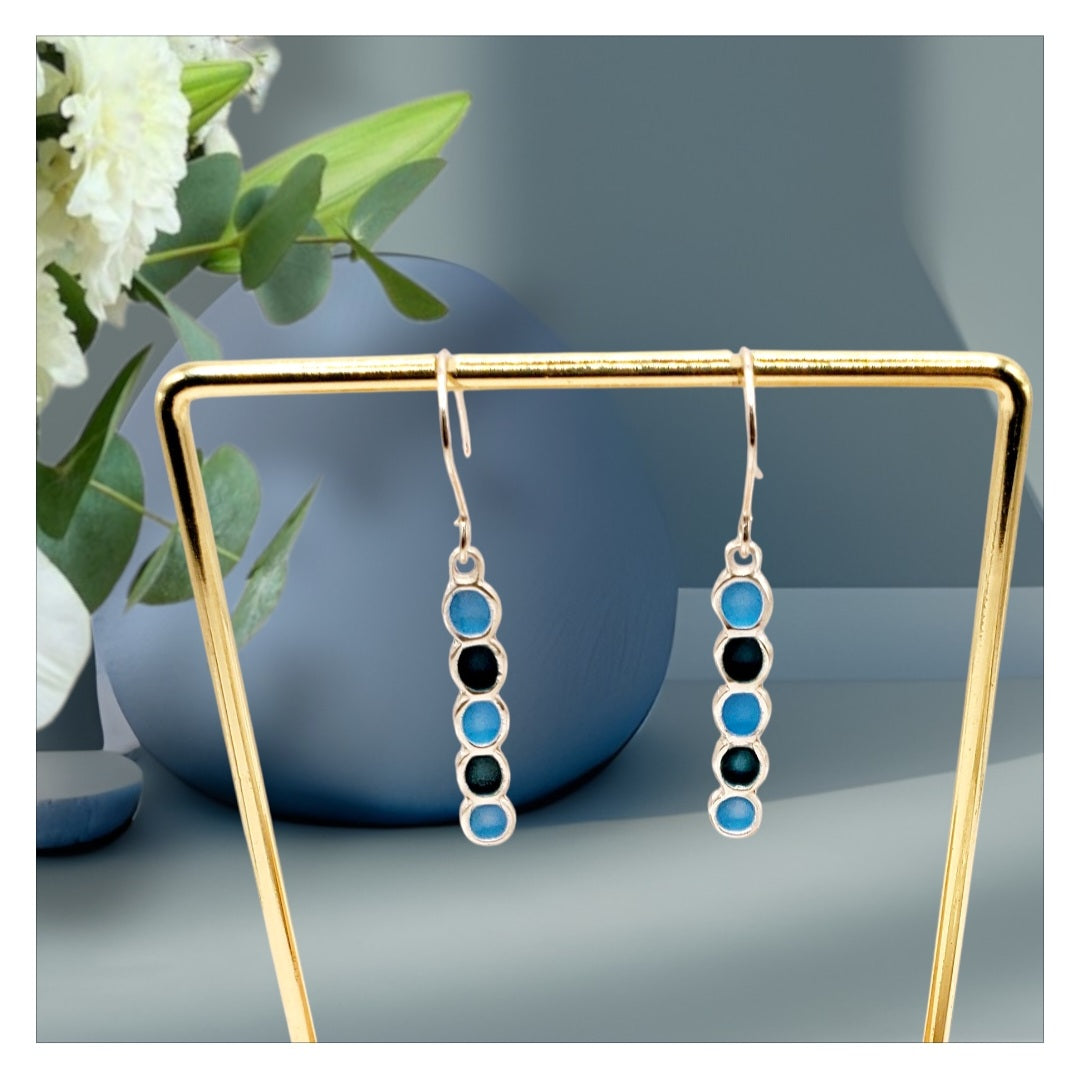  Boucles d'oreilles artisanales emaux argent, design graphique cercles bleu