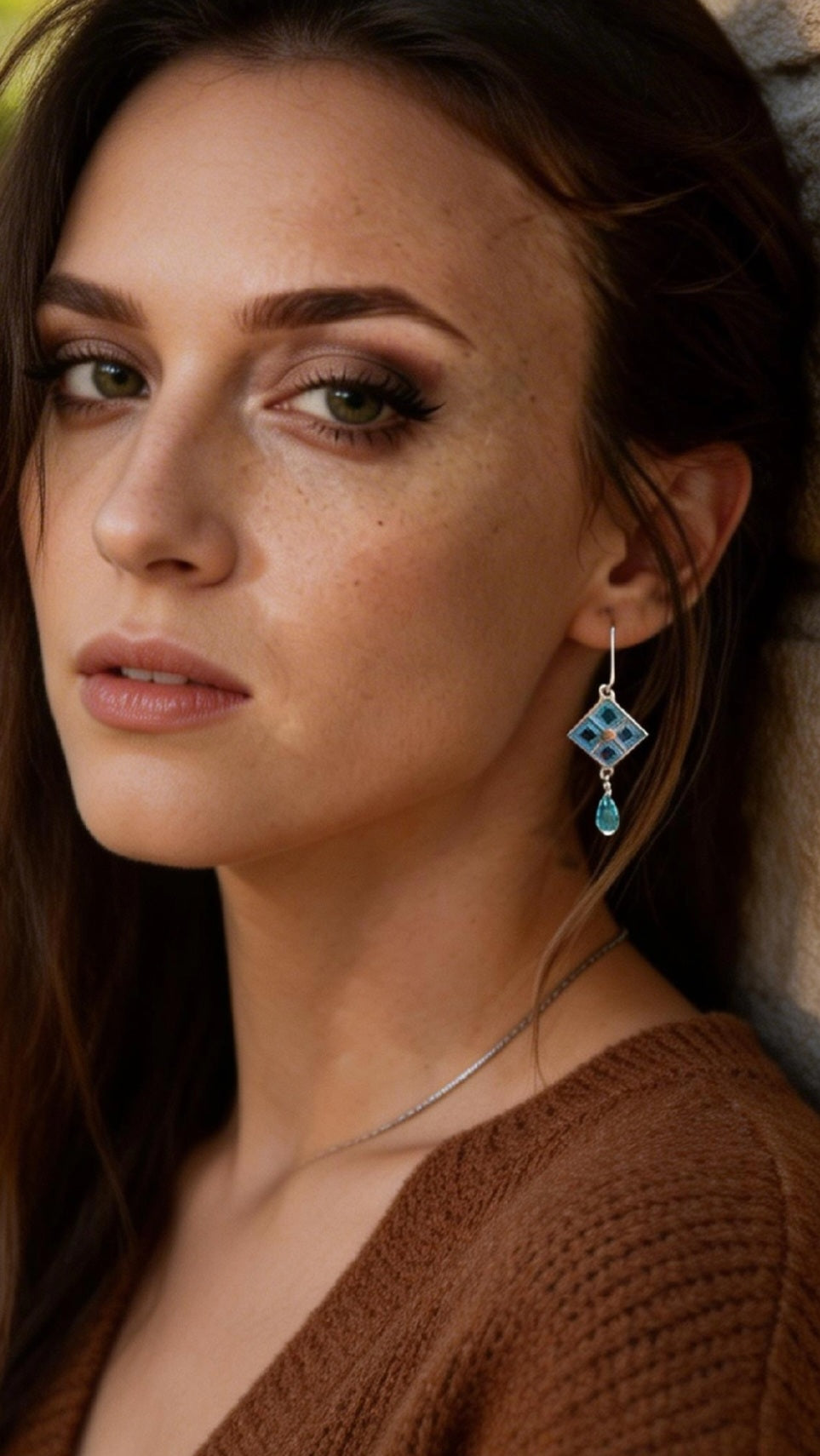 Boucles d'oreilles emaux argent, losange motif carreaux bleu turquoise