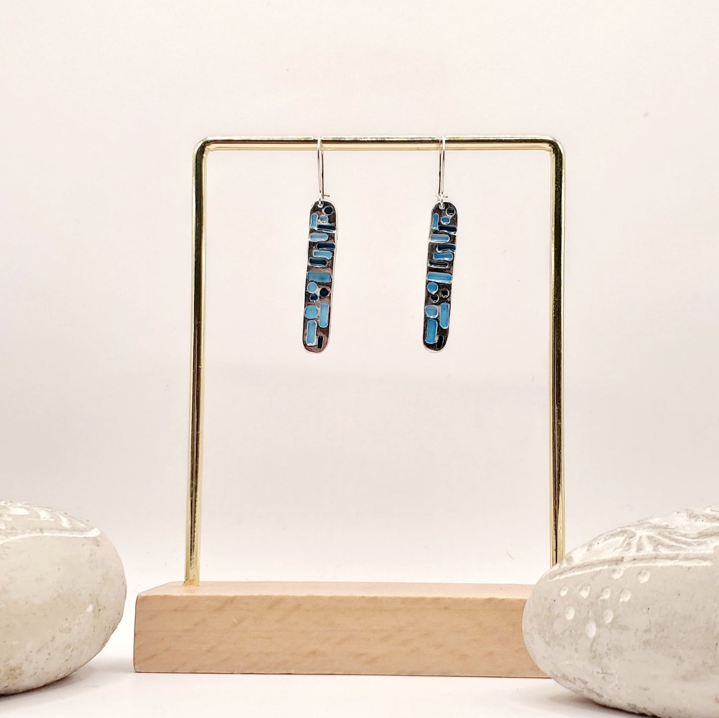 Boucles d'oreilles emaux argent, format oblongue moderne bleu turquoise