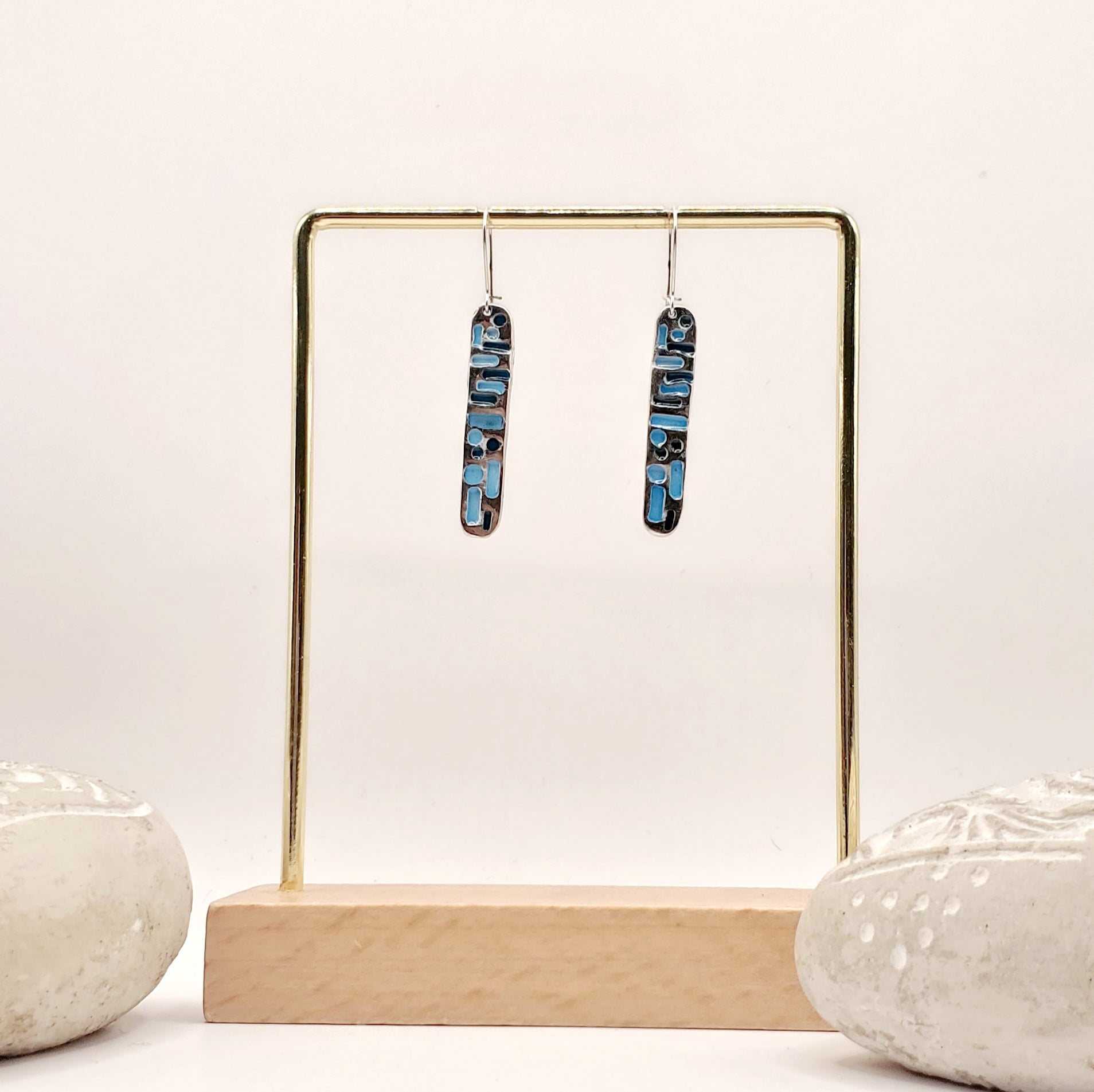 Boucles d'oreilles emaux argent, format oblongue moderne bleu turquoise
