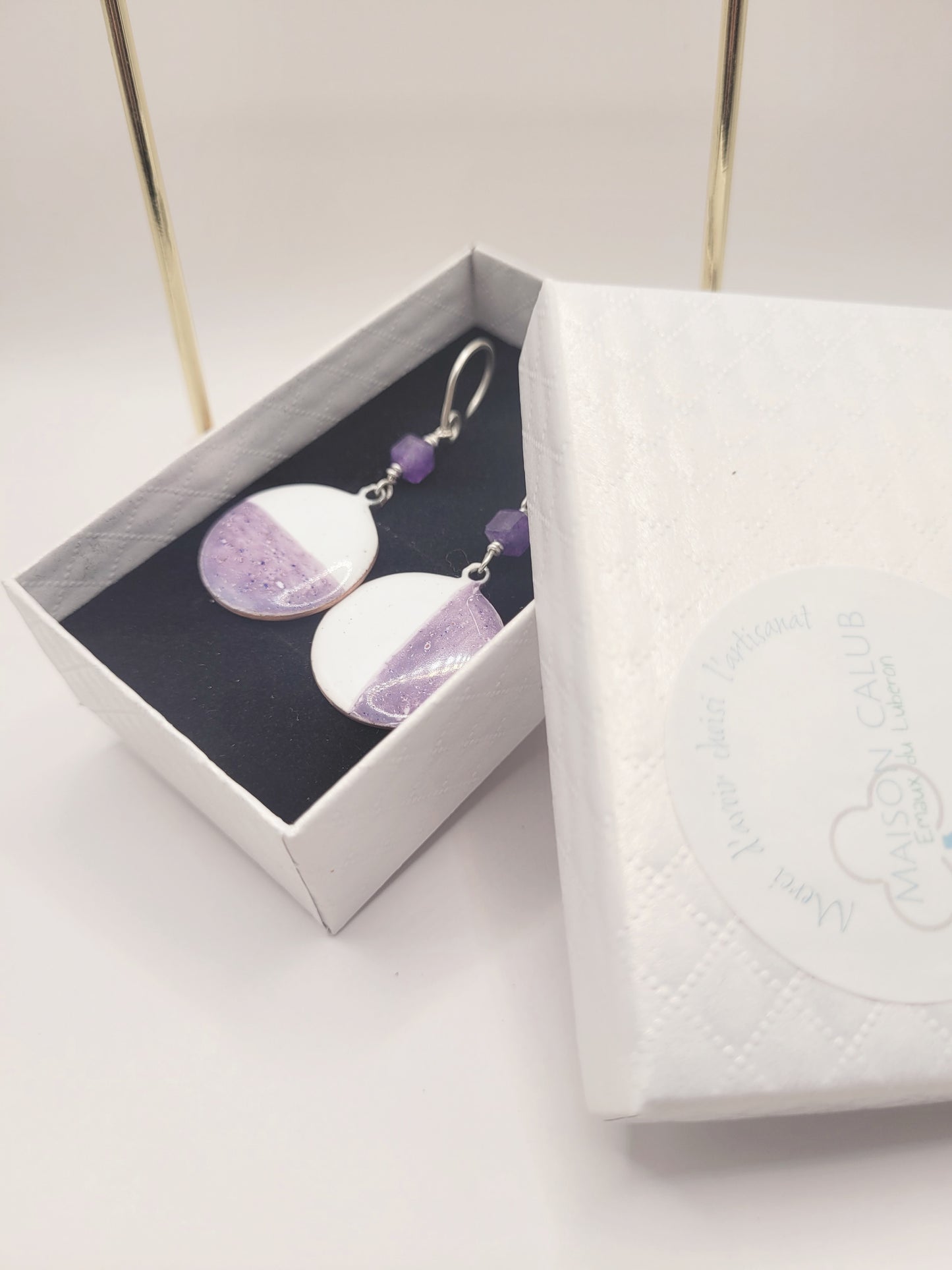 Boucles Oreilles Mi-Figue Mi-Raisin Émail Mauve Améthyste CALUB