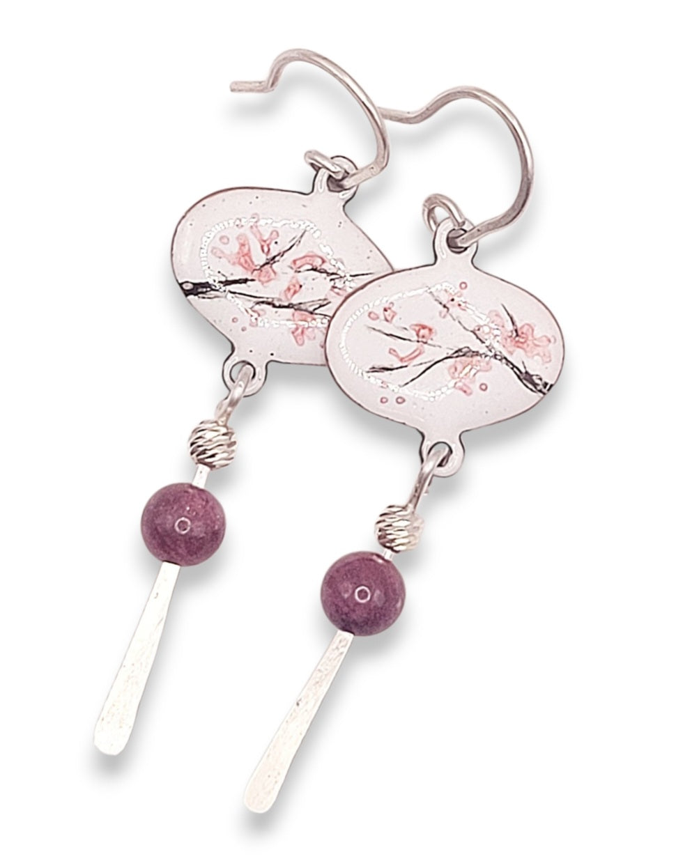 Boucles Oreilles Cerisier Longues Émail Peint Argent Rubis CALUB