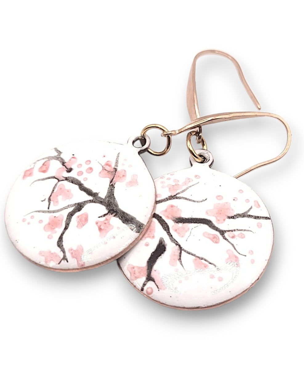 Boucles Oreilles Cerisier Rondes Émail Peint Cuivre Rose CALUB