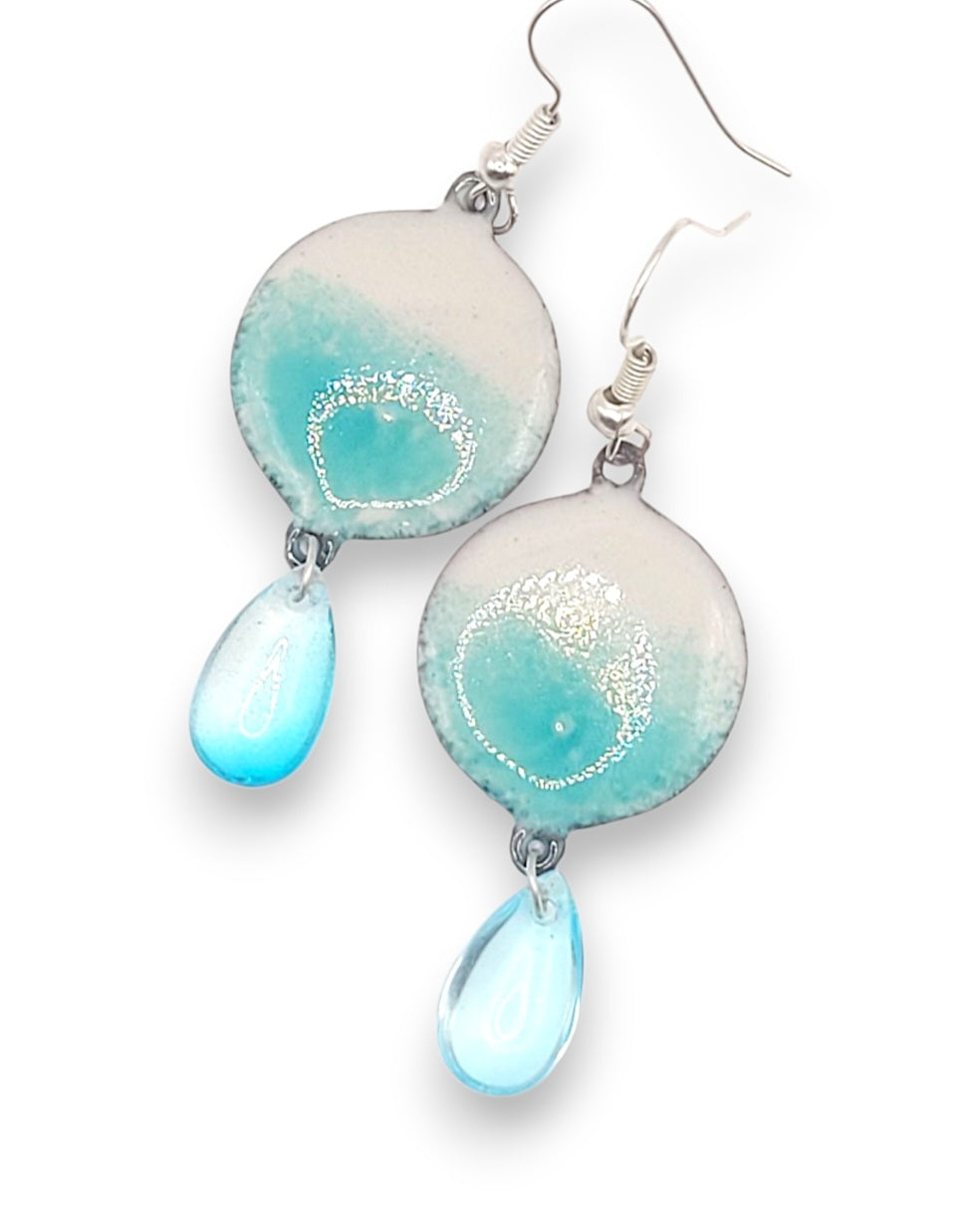 Boucles Oreilles Reflets Aquatiques Émail Turquoise Perles Verre CALUB