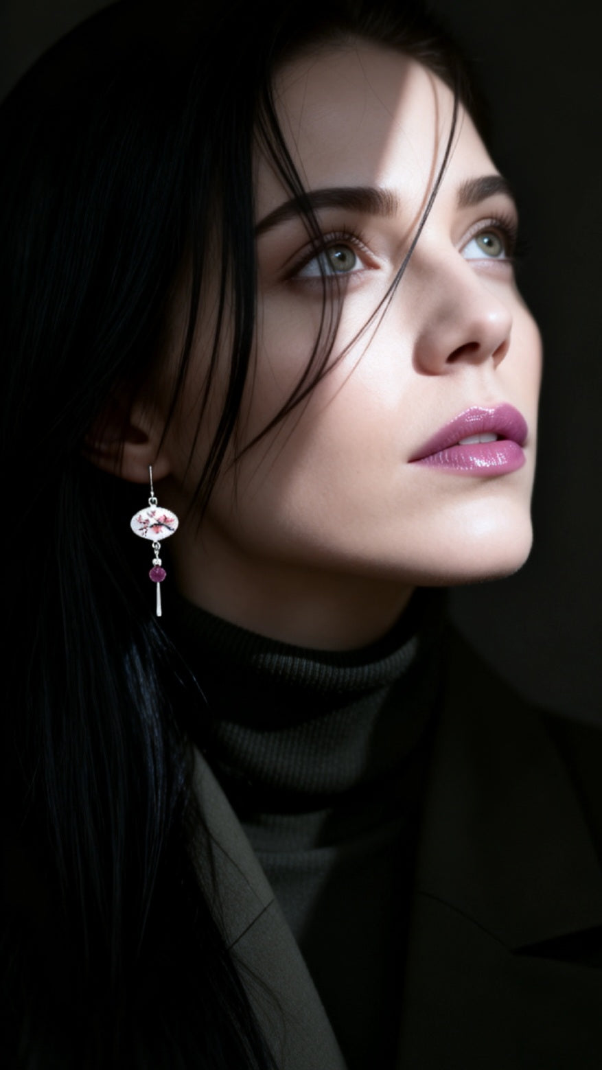 Boucles Oreilles Cerisier Longues Émail Peint Argent Rubis CALUB