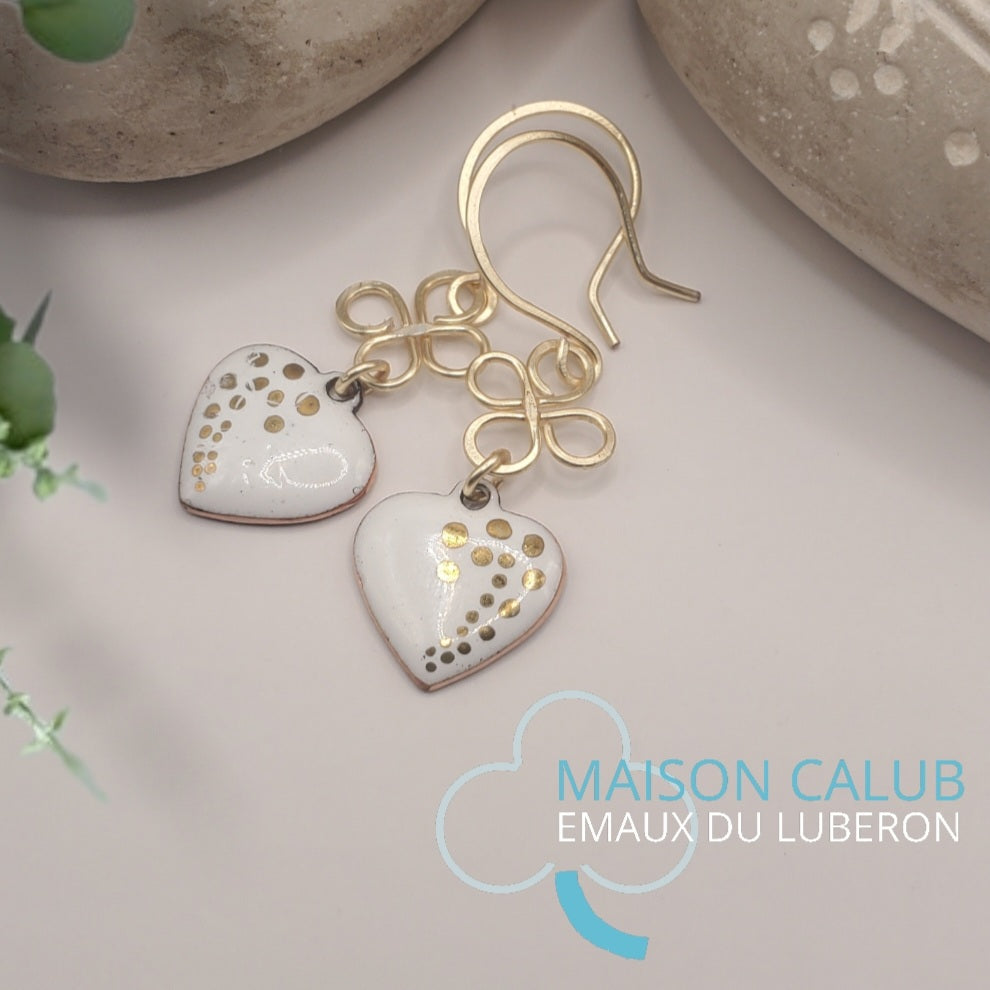 Boucles d'Oreilles Cœur Blanc et Or Nœuds Celtiques – Émail Grand Feu sur Cuivre - Maison CALUB