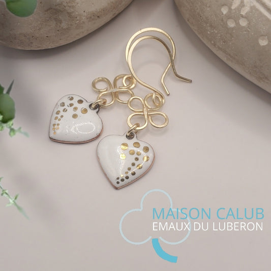Boucles d'Oreilles Cœur Blanc et Or Nœuds Celtiques – Émail Grand Feu sur Cuivre - Maison CALUB