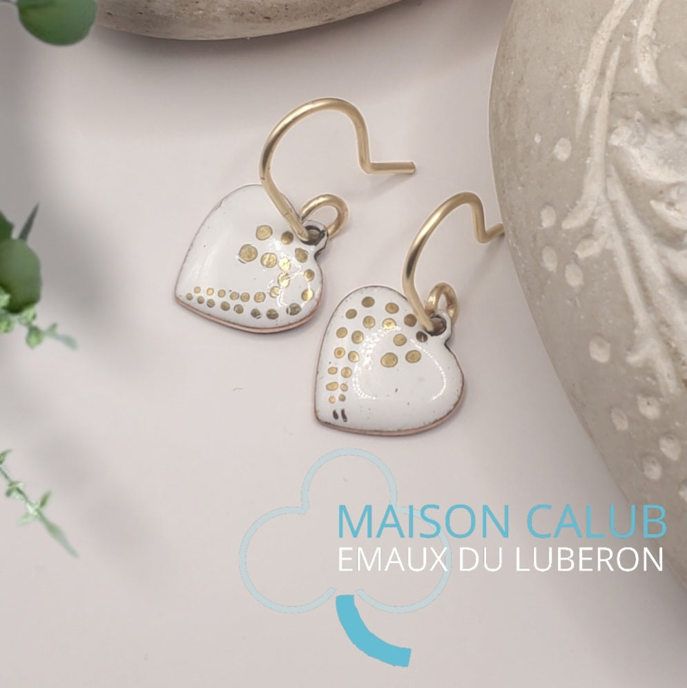 Boucles d'Oreilles Cœur Blanc et Or – Émail Grand Feu sur Cuivre - Maison CALUB