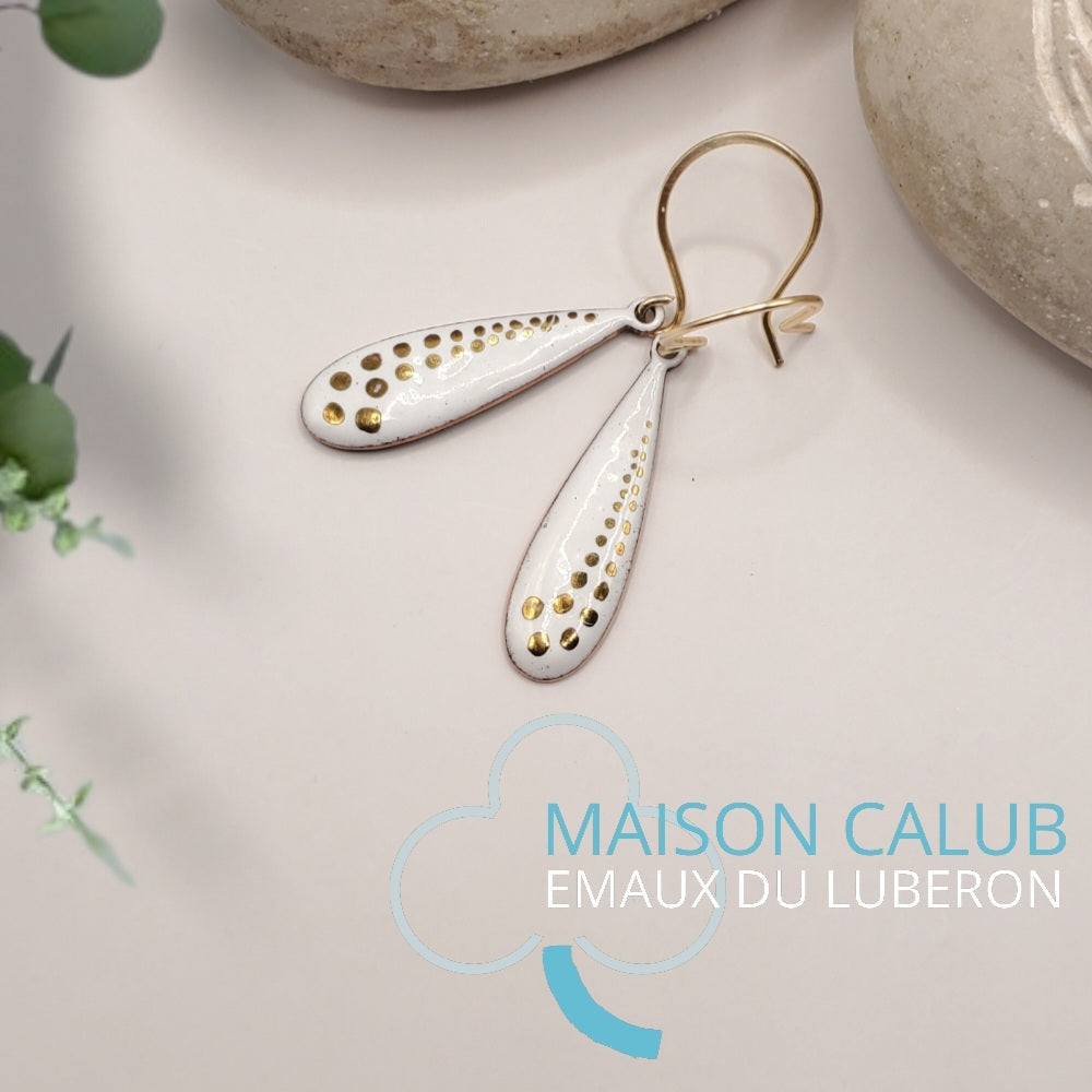 Boucles d'Oreilles Gouttes Blanches et Or – Émail Grand Feu sur Cuivre - Maison CALUB