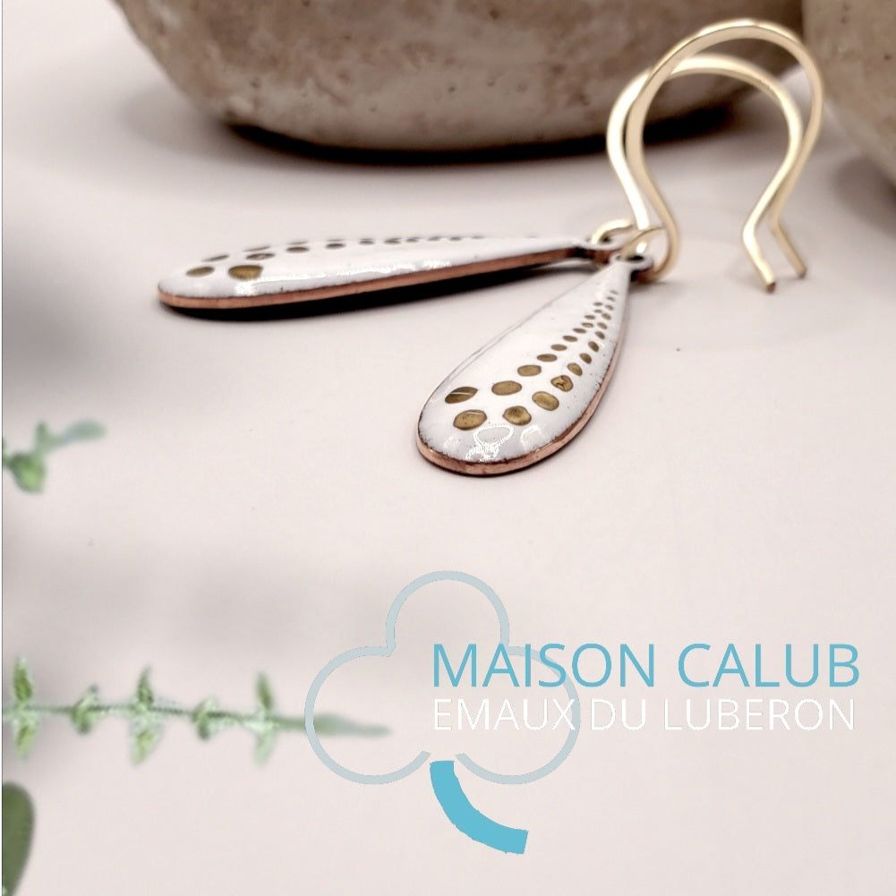 Boucles d'Oreilles Gouttes Blanches et Or – Émail Grand Feu sur Cuivre - Maison CALUB
